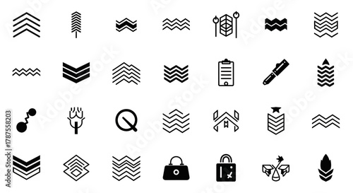 Modern minimalist icon set featuring abstract shapes, waves, and symbols for diverse design applications and branding needs
