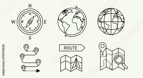 Navigate your next adventure with stunning compass, globes, route pins, and map icons for travel planning and global exploration inspiration.