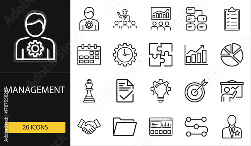 Management icons for planning, strategy, leadership, and performance tracking. Ideal for business, organization, and corporate visuals