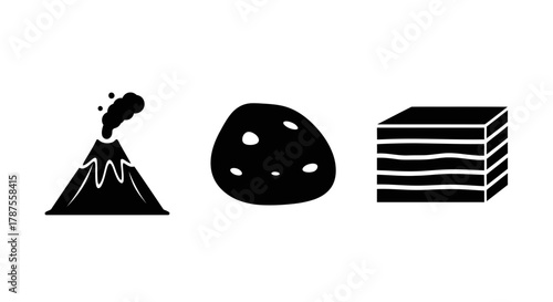 Dynamic geological icons volcanic eruption meteor rock strata layers science and nature exploration concepts