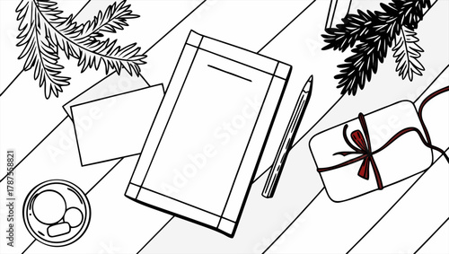 Top view flat lay of a festive holiday scene with a blank notebook for Christmas greetings, a gift box, and pine branches on a wooden desk