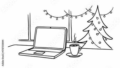 Cozy winter work scene featuring a laptop, steaming coffee, and a festive Christmas tree by the window, perfect for holiday season illustrations