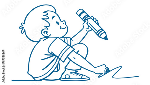 A cute cartoon boy drawing with a big blue crayon, depicting creativity and artistic expression in a simple, charming line art style
