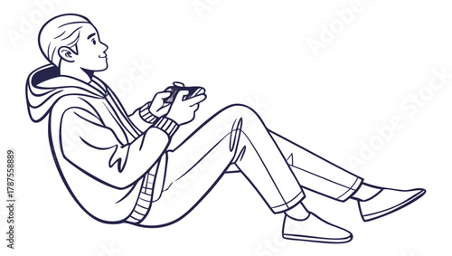 Single vector line art illustration of a happy young man engrossed in video gaming, sitting comfortably and enjoying his leisure time