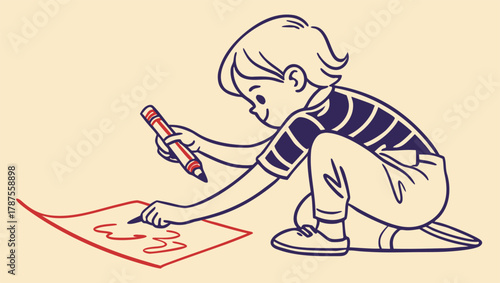 Creative Spark Boy Drawing with a Crayon, Encouraging Artistic Expression and Childhood Imagination