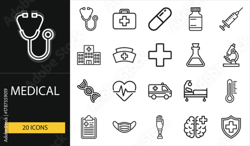 Medical icon set showing hospital, nurse, DNA, syringe, and health tools. Perfect for healthcare, clinic, and pharmaceutical projects