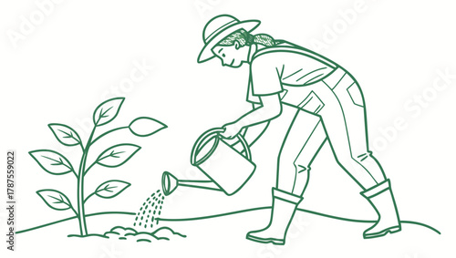 Farmer Nurturing Young Plant Cultivating Growth & Sustainability - Line Art Symbol for Eco-Friendly Initiatives & Farming Concepts