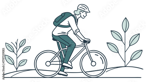 Vector illustration of a person riding a bicycle. Rider with helmet and backpack, promoting healthy lifestyle, eco-friendly travel, and outdoor recreation