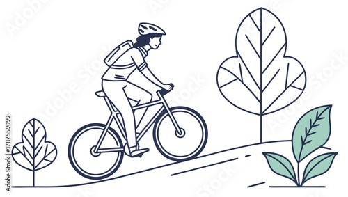 A person enjoying a cycling adventure on a scenic path surrounded by lush trees and plants, representing healthy lifestyle and outdoor activities