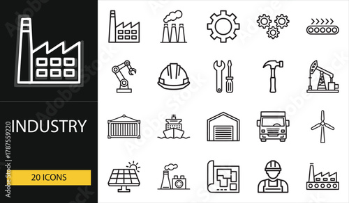 Industry icons with factory, tools, worker, and machinery symbols. Ideal for engineering, production, logistics, and construction visuals