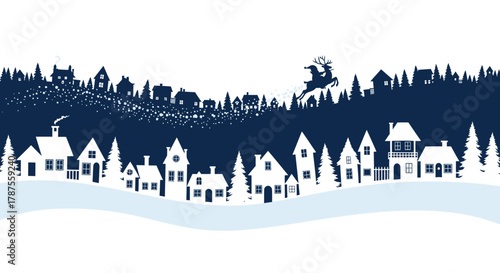 Charming silhouette of a snowy village with santa claus flying overhead in a winter night sky