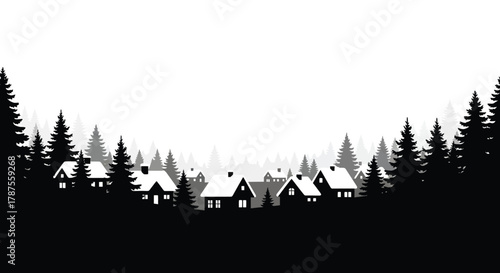 Cozy snow covered village nestled amongst tall pine trees in a winter forest landscape