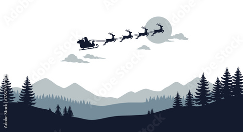Silhouette of santa claus and his reindeer flying over a snowy mountain landscape at night