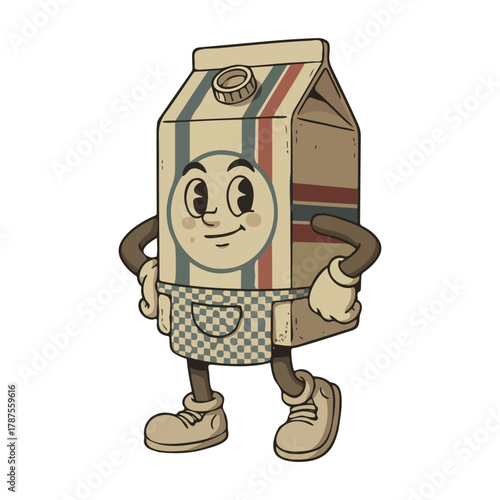 Vintage cartoon milk carton character with a friendly smile and apron.