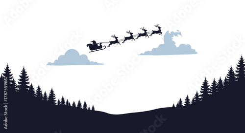 Silhouette of santa claus and reindeer flying over a dark forest and snowy hills on christmas eve