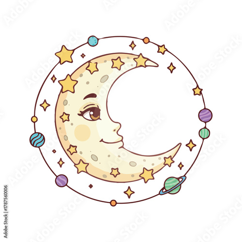 Adorable celestial illustration of a crescent moon with a face encircled by a planetary orbit.