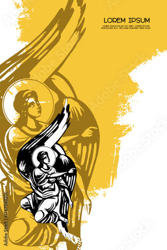 Angel. Religious vintage poster template. Christian illustration in Byzantine style