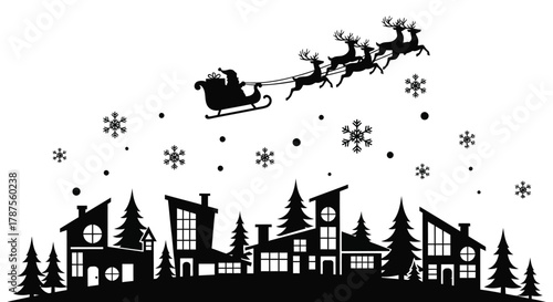 Silhouette of santa claus flying in his sleigh pulled by reindeer over a snowy town at night