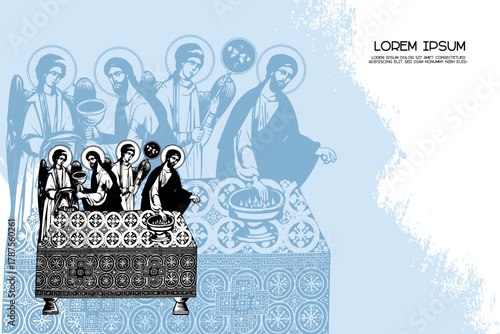 Religious vintage poster template with Eucharist, Holy Communion. Christian illustration in Byzantine style