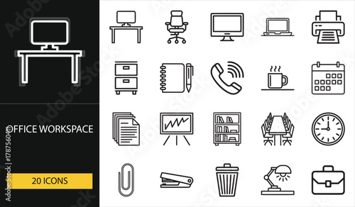Office workspace icons featuring desk, computer, chair, and supplies. Great for corporate visuals, productivity, and work-from-home designs