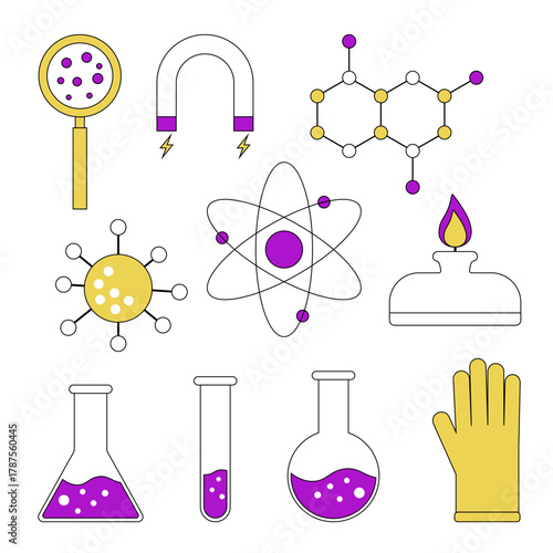 Science and chemistry icon set with laboratory equipment — flasks, test tubes, molecules, atom, magnet, burner, virus, and protective glove in minimalist flat style. Educational vector illustration
