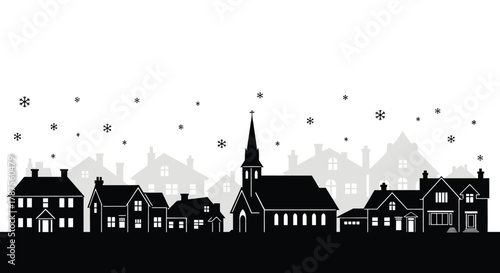 Black silhouette of a charming european village with a church steeple and snow falling gently at dusk