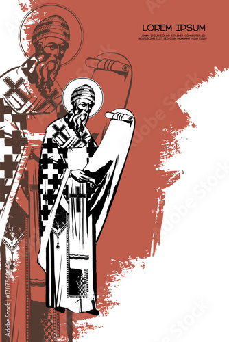 Religious vintage poster template with Saint Spyridon, Bishop of Trimythous. Christian illustration in Byzantine style