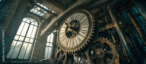Vintage Clock Mechanism with Gears in Industrial Building