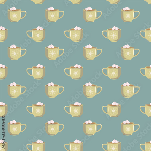 Seamless pattern with yellow mugs of hot chocolate and marshmallows on a blue background. Cozy winter drink illustration perfect for Christmas, holiday wrapping paper, or textile design