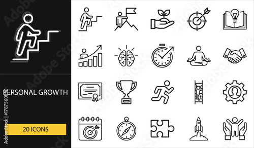 Personal growth icons showing self-improvement, success, and motivation. Ideal for coaching, career, and educational design projects