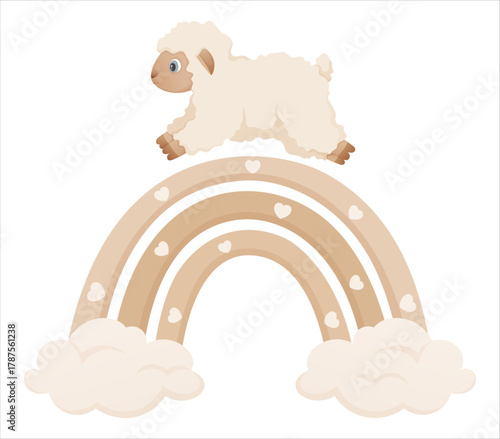 Baby lamb jumping over a rainbow, illustration in neutral and pastel tones. Suitable for childrens books, greeting cards, posters, nursery decor, baby showers, and invitations.