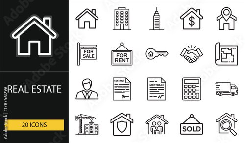 Real estate icons with house, building, key, and mortgage visuals. Ideal for property sales, construction, and investment projects