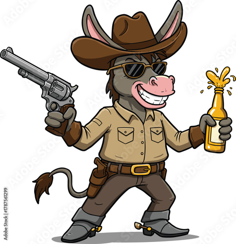 Cartoon cowboy donkey character with revolver and bottle, Western outfit, humorous animal illustration for vector design and digital content