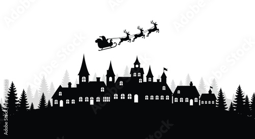 Silhouette of santa claus flying in his sleigh over a dark forest and a fantasy castle at night