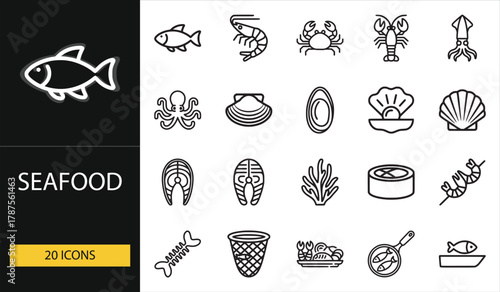 Seafood icon set with fish, shrimp, crab, and shellfish symbols. Perfect for restaurants, food packaging, and fishery industry visuals
