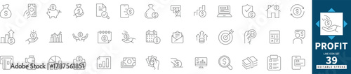 Profit icon set featuring money, finance, growth, investment, and income concepts. Editable line vector illustration for business, banking, and management design.