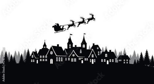 Silhouette of santa claus flying in his sleigh with reindeer over a snowy village at night