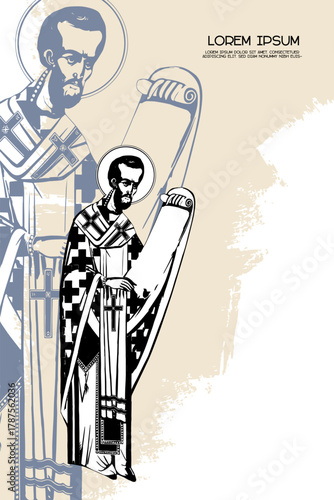 Religious vintage poster template with John Chrysostom. Christian illustration in Byzantine style