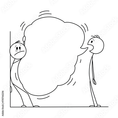 Two men are standing next to each other, one of them is holding a large white balloon. The balloon is floating in the air and the men are looking at it. Scene is lighthearted and playful