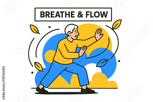 Tai Chi Tranquility. Old age ? Morning tai chi. Slow sweeping arms in soft sunlight; falling leaves turn into calm vector arcs. A quiet banner reads ?BREATHE &