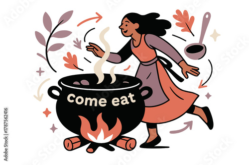 Hearty Gathering Bowl. Keeper of the Hearth ? Gathering Bowl. A heavy pot steams over low flame; herbs and ladle orbit in a gentle circle. Text ?come eat?