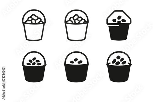 Feed Bucket Icons. feed bucket. Icon set. Set Logo of feed bucket: bucket with pellet icon. harmonious logo variations of the same emblematic concept, each