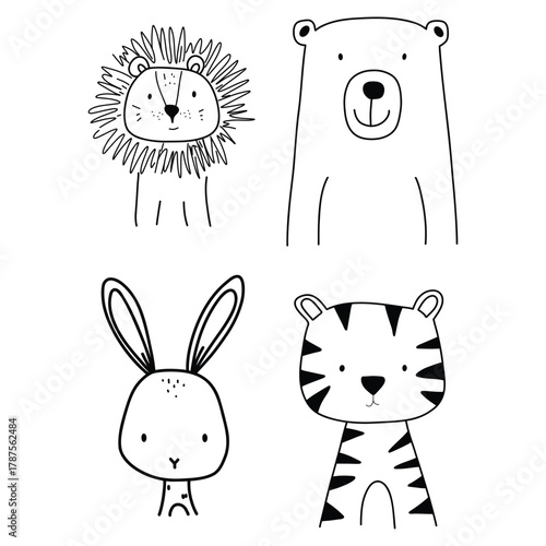The image is a set of four black and white drawings of animals, including a lion, a bear, a rabbit, and a tiger. The drawings are of various sizes and are arranged in a grid-like pattern