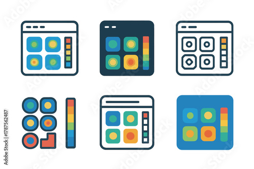 Heatmap Logo Variations. Heatmapping. Icon set. Set Logo of heatmapping: analytics dashboard with color scale bar and hotspot tiles. harmonious logo variations
