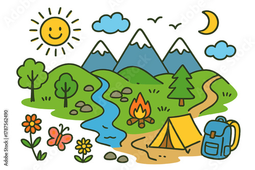 Joyful Mountain Adventure. distant peaks. Colorful Hand-drawn doodle Children illustration distant peaks mountains, hills, trees, river, sun, clouds, birds,