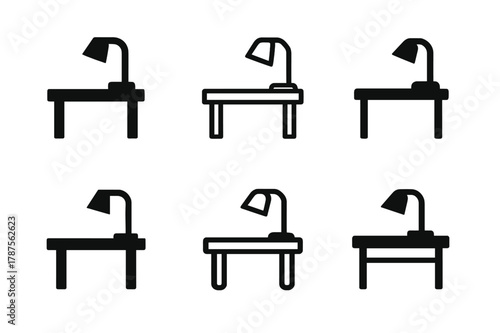 Minimalist Workspace Logos. Tidying workspace. Icon set. Set Logo of tidying workspace: minimalist desk setup with lamp. harmonious logo variations of the same