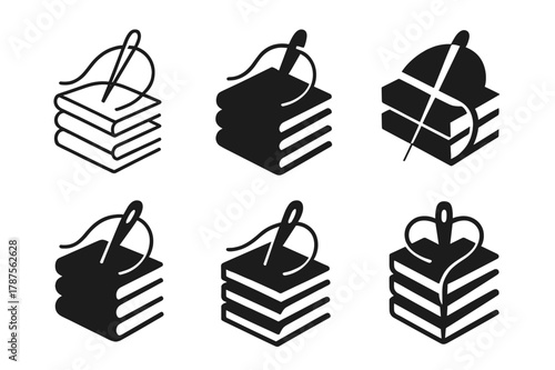 Bookbinding Logo Variations. Bookbinding. Icon set. Set Logo of Bookbinding: stitching signatures with needle and thread. harmonious logo variations of the