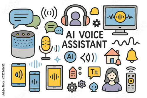 AI Voice Doodle. AI voice assistant. Hand-drawn doodle illustration smart speaker (colored), microphone (colored), headphones (colored), smartphone (colored),