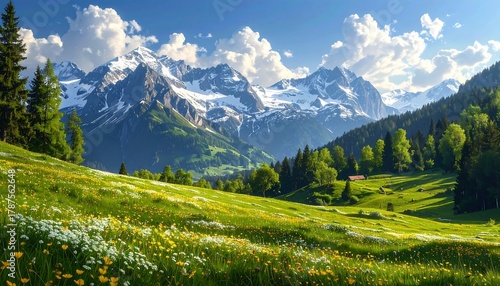 Fototapeta Naklejka Na Ścianę i Meble -  A vibrant scenic view shows a wildflower meadow below towering snow-capped peaks, dotted with trees and a few clouds