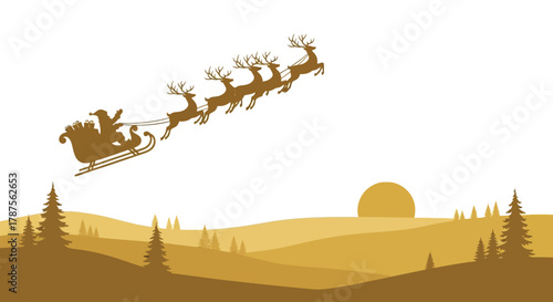 Silhouette of santa claus and reindeer flying in sleigh over rolling hills and pine trees at sunset